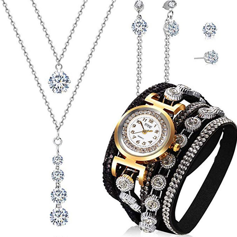 4pcs/set Ladies fashion trend PU quartz watch + Necklace Earrings Environmentally Zircon Jewelry