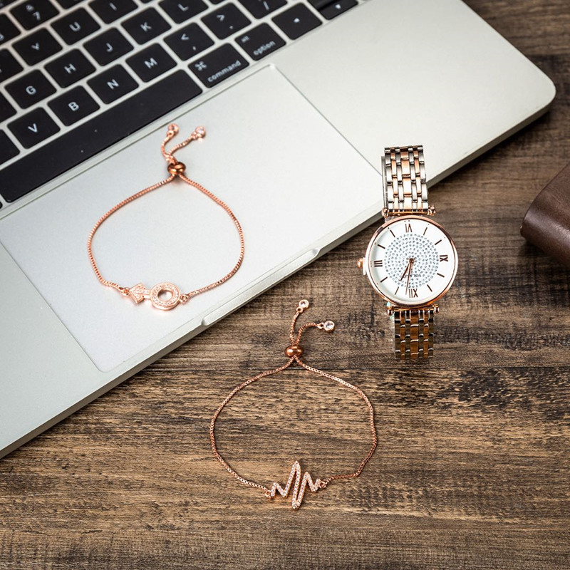 3 PCS Watch Gift Set Boutique Packaging Trend Diamond Set Chain Bracelets + Steel Belt Quartz Watch