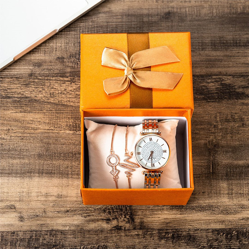 3 PCS Watch Gift Set Boutique Packaging Trend Diamond Set Chain Bracelets + Steel Belt Quartz Watch