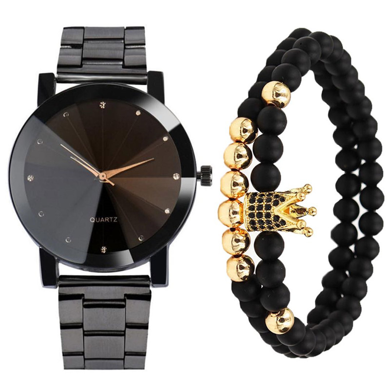 3PCS/Set Men's Watch Classic  Stainless Steel Watch +6mm Black Matte Stone Copper Bead Bracelet