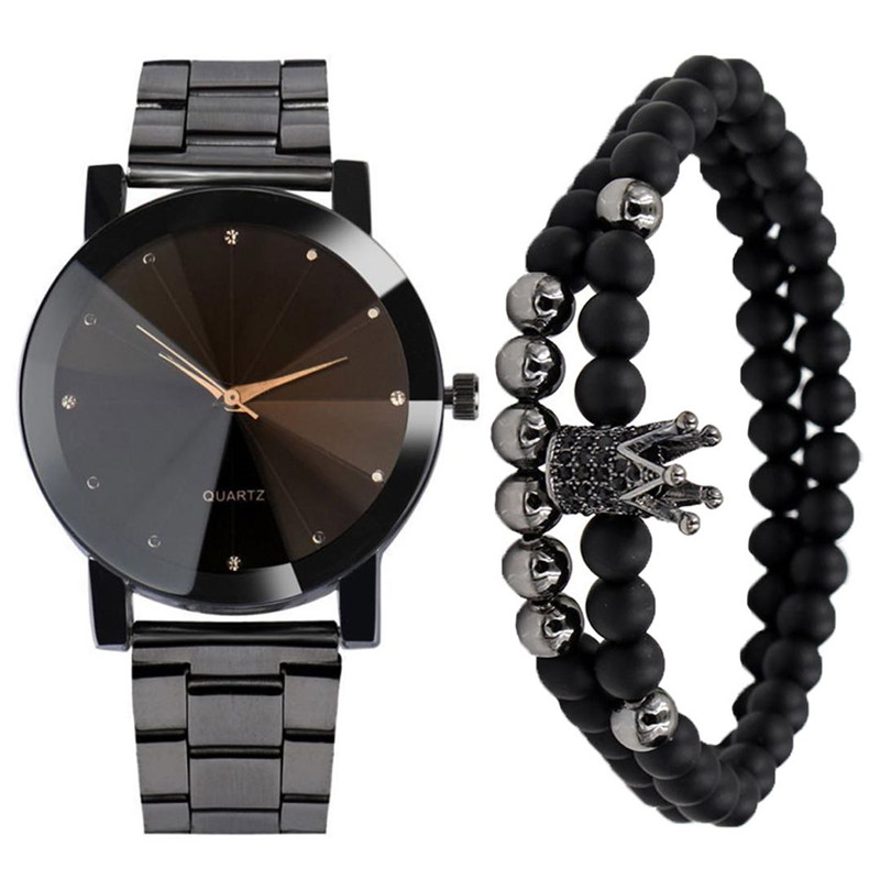3PCS/Set Men's Watch Classic  Stainless Steel Watch +6mm Black Matte Stone Copper Bead Bracelet