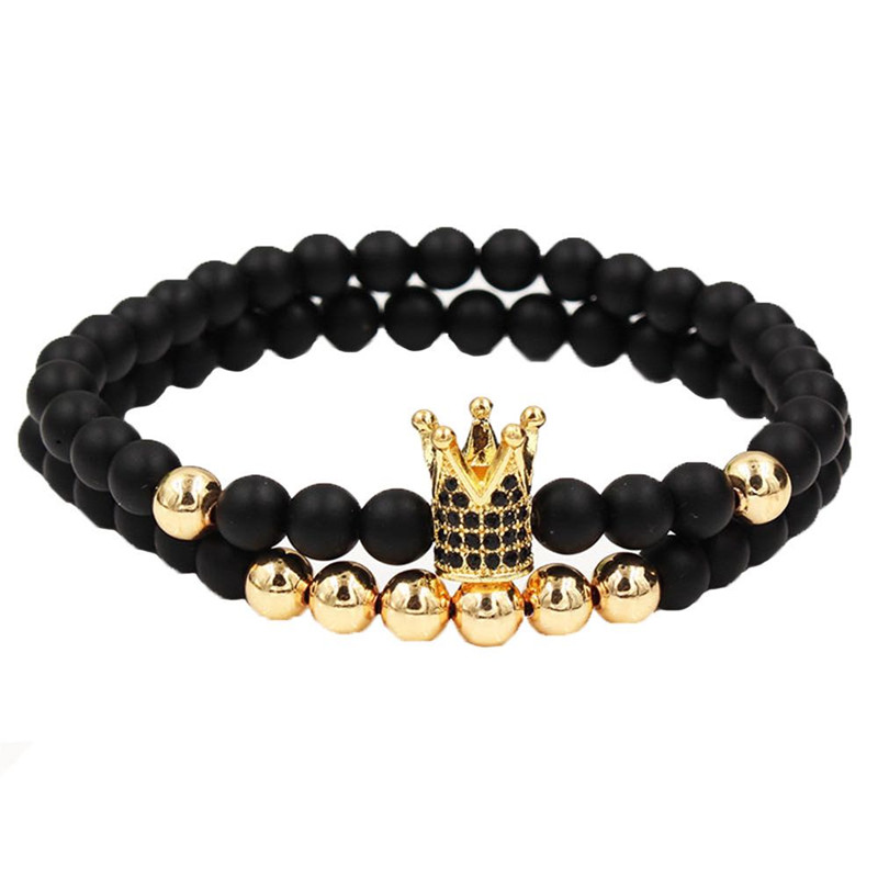 3PCS/Set Men's Watch Classic  Stainless Steel Watch +6mm Black Matte Stone Copper Bead Bracelet