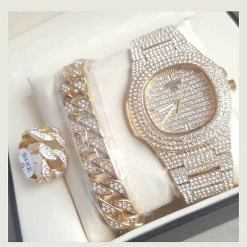 3Pcs/Set Hip Hop Men Bracelets+ Iced Out Crystal Watch +Ring set