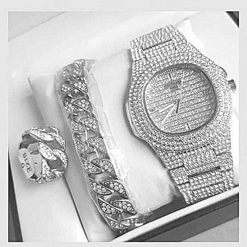 3Pcs/Set Hip Hop Men Bracelets+ Iced Out Crystal Watch +Ring set