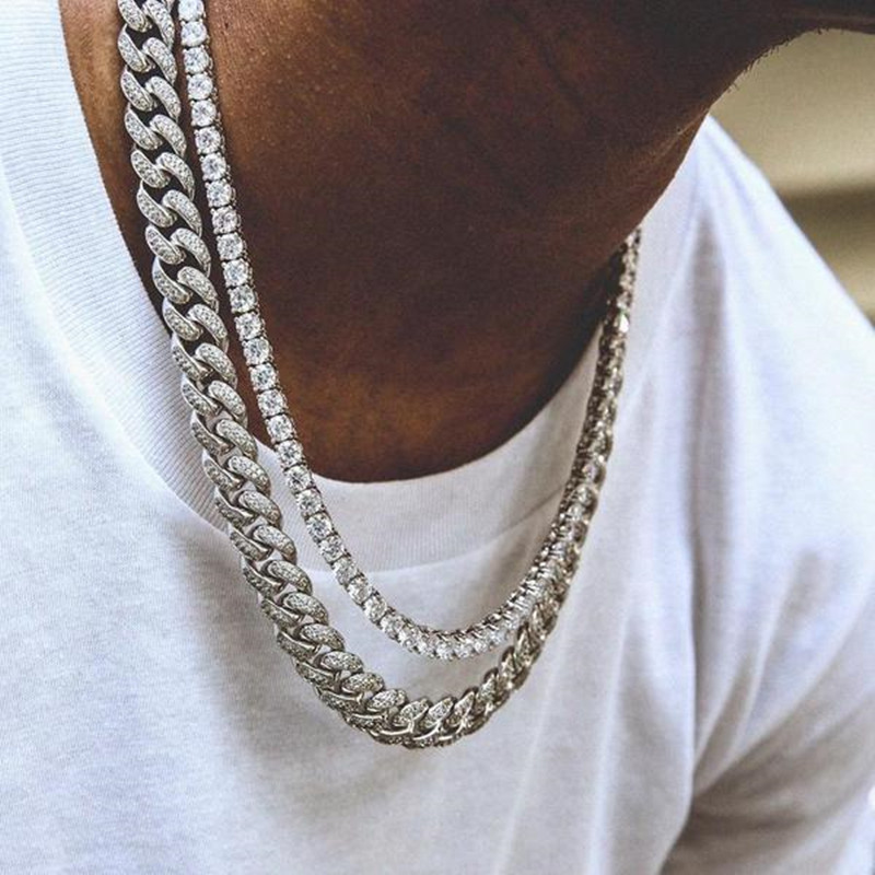 2pcs/set Hip Hop Full Rhinestones Iced Out Miami Curb Cuban Chain Necklace Gold Paved CZ Bling