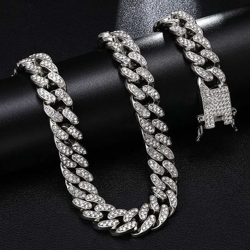 2pcs/set Hip Hop Full Rhinestones Iced Out Miami Curb Cuban Chain Necklace Gold Paved CZ Bling