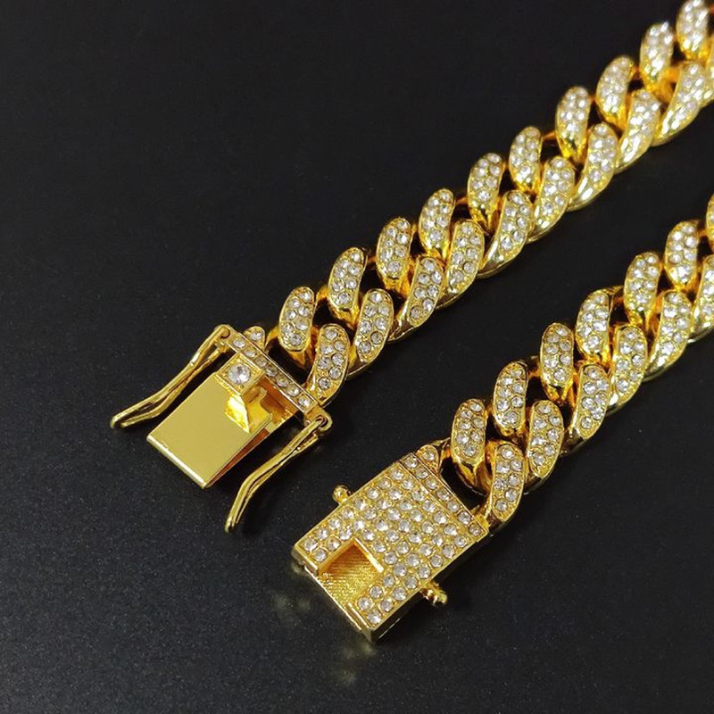2pcs/set Hip Hop Full Rhinestones Iced Out Miami Curb Cuban Chain Necklace Gold Paved CZ Bling