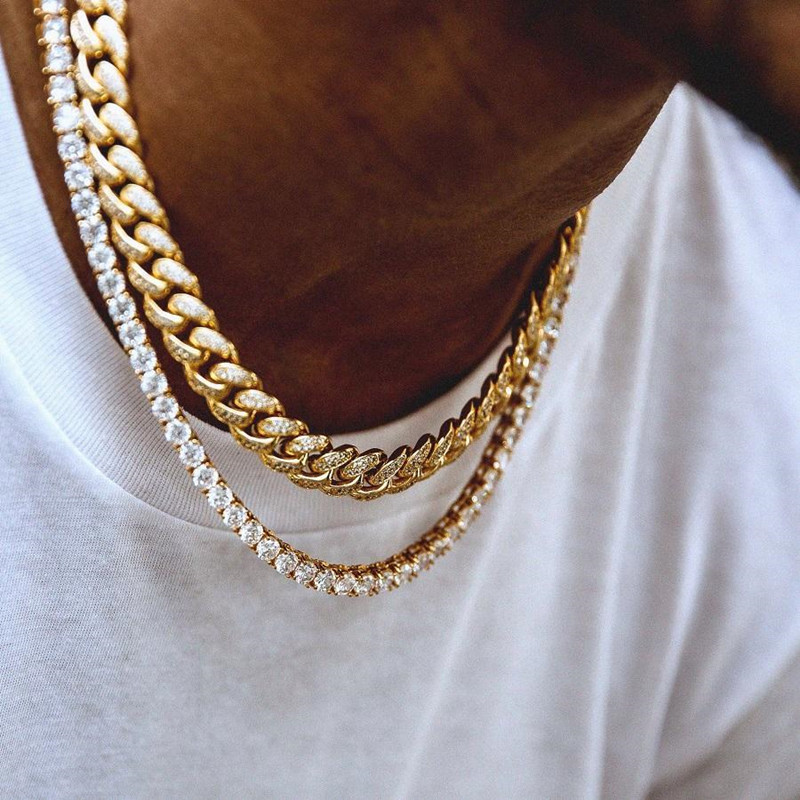 2pcs/set Hip Hop Full Rhinestones Iced Out Miami Curb Cuban Chain Necklace Gold Paved CZ Bling