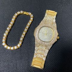 Luxury Men Diamond Watch+Diamond Bracelet Luxury Fashion Gold Men Ice Out Cuban Watch Gold 1 one set