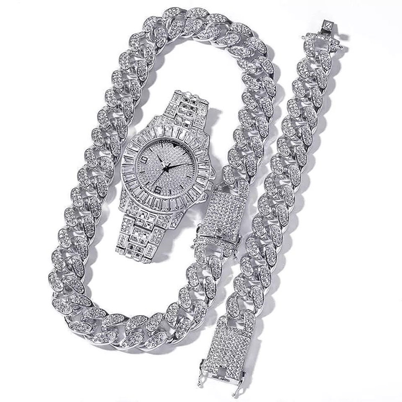 Iced Out Watch Hip Hop Rapper Miami Cuban Chain Ice Necklace Paved Rhinestones Bling Men Jewelry