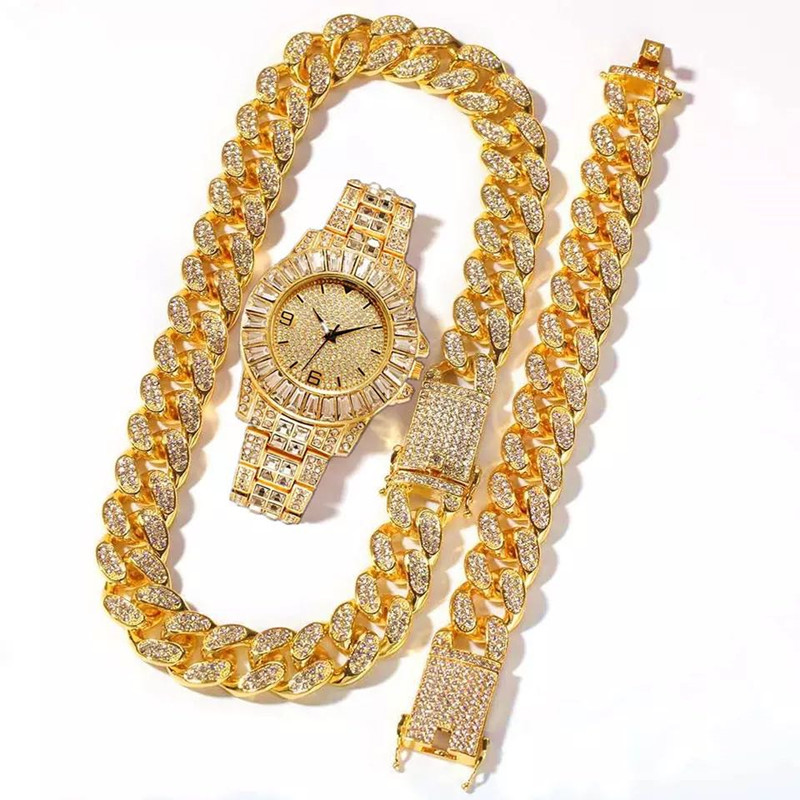 Iced Out Watch Hip Hop Rapper Miami Cuban Chain Ice Necklace Paved Rhinestones Bling Men Jewelry