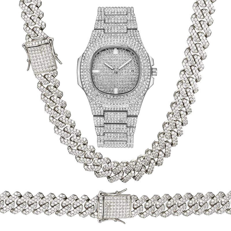 3PCS/Set Necklace+Watch+Bracelet Bling Iced Out Miami Zircon Cuban Link Chain Prong Pave Rhinestone