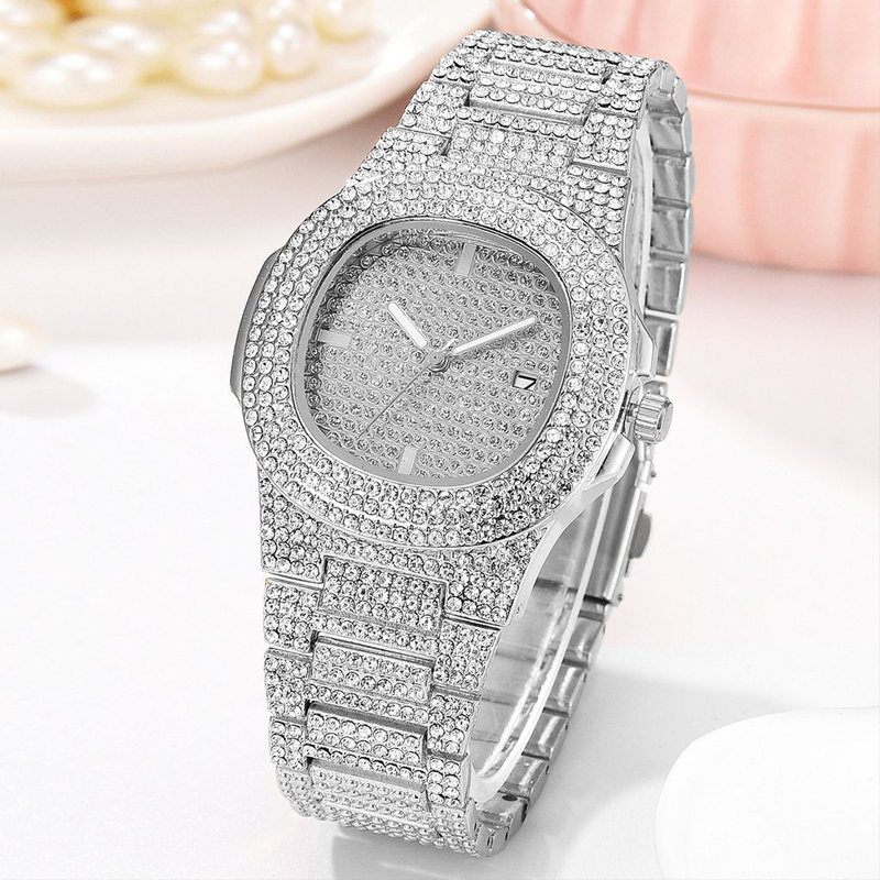 3PCS/Set Necklace+Watch+Bracelet Bling Iced Out Miami Zircon Cuban Link Chain Prong Pave Rhinestone