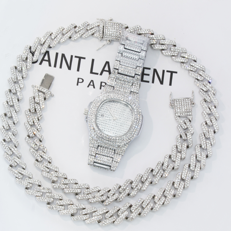 3PCS/Set Necklace+Watch+Bracelet Bling Iced Out Miami Zircon Cuban Link Chain Prong Pave Rhinestone