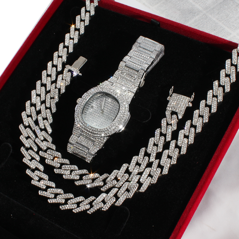 3PCS/Set Necklace+Watch+Bracelet Bling Iced Out Miami Zircon Cuban Link Chain Prong Pave Rhinestone