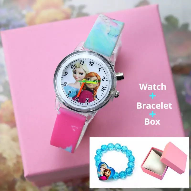 Fashion Cartoon Flash Light Girls Watches Kids with Bracelet Silicone Strap Princess Elsa Children Watches Clock