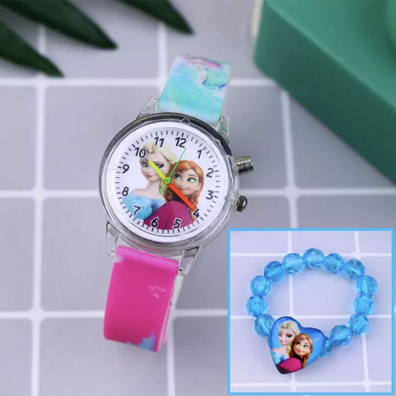 Fashion Cartoon Flash Light Girls Watches Kids with Bracelet Silicone Strap Princess Elsa Children Watches Clock