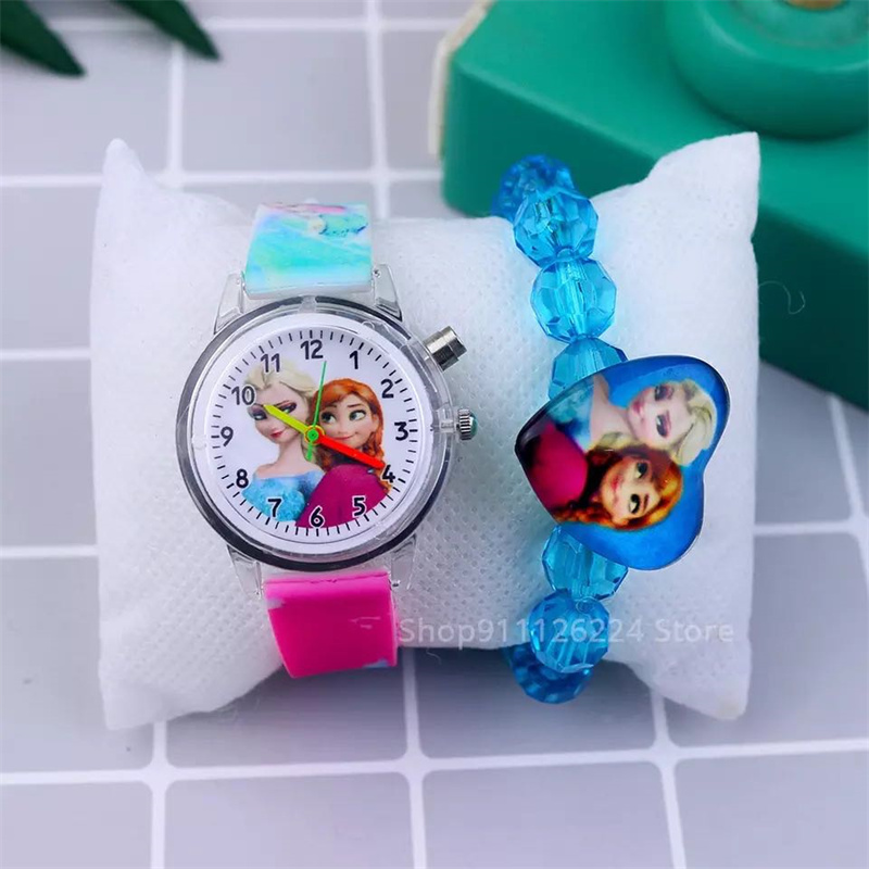 Fashion Cartoon Flash Light Girls Watches Kids with Bracelet Silicone Strap Princess Elsa Children Watches Clock