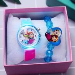 Fashion Cartoon Flash Light Girls Watches Kids with Bracelet Silicone Strap Princess Elsa Children Watches Clock Pink Pink Watch+Bracelet+Box