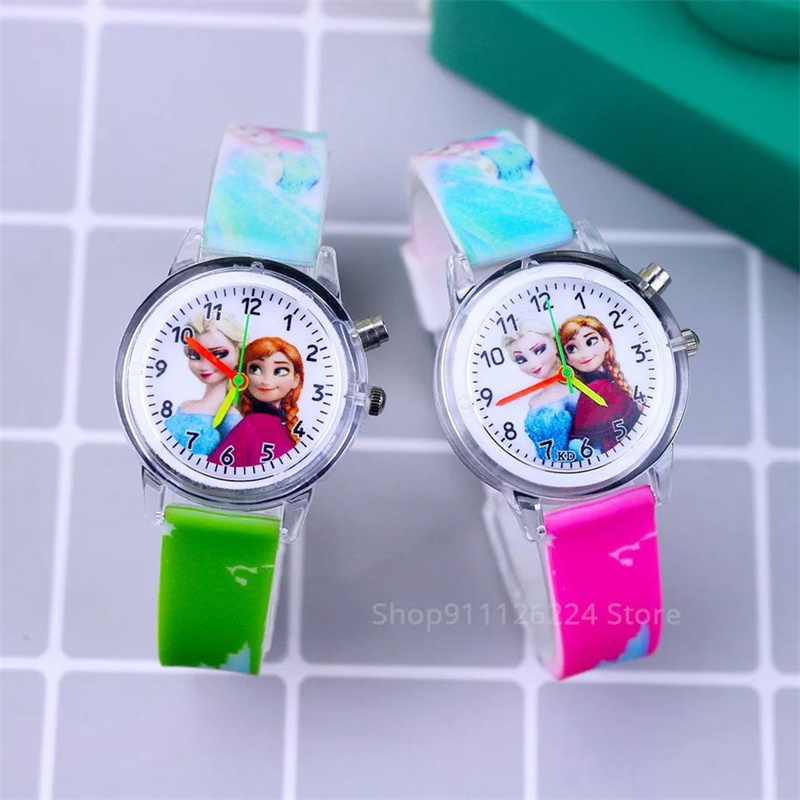 Fashion Cartoon Flash Light Girls Watches Kids with Bracelet Silicone Strap Princess Elsa Children Watches Clock