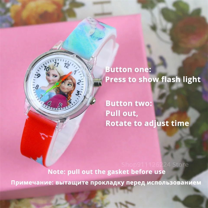 Fashion Cartoon Flash Light Girls Watches Kids with Bracelet Silicone Strap Princess Elsa Children Watches Clock