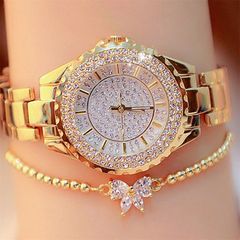 2Pcs/Set Ladies Watch High Quality Crystal Diamond Dress Watches Lady Fashion Waterproof Women Quartz Wristwatch Gift Gold Set One Set