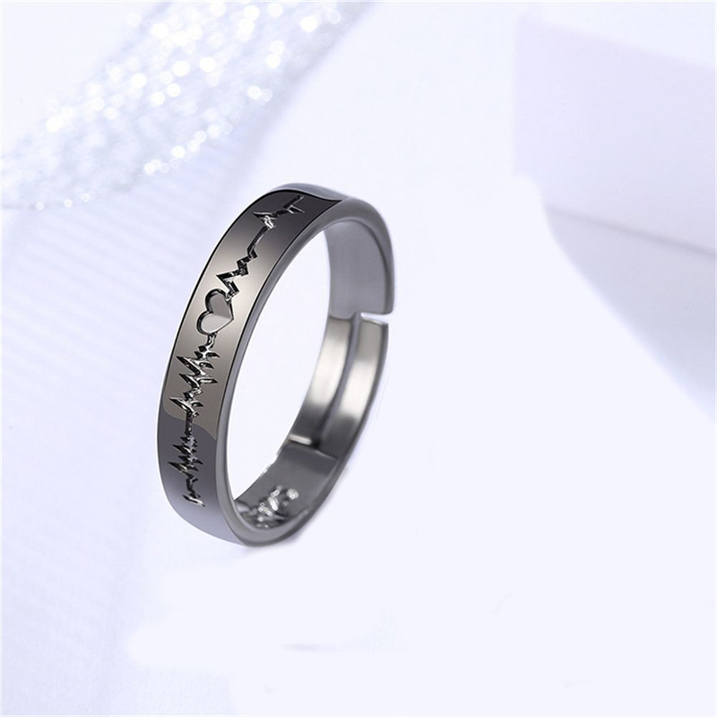 2Pcs/set Romantic Couple Rings For Women Men Punk Heart ECG Black White Forever Love Promise Wedding Ring Valentine'S Day Gift Lovers ring Adjustable opening