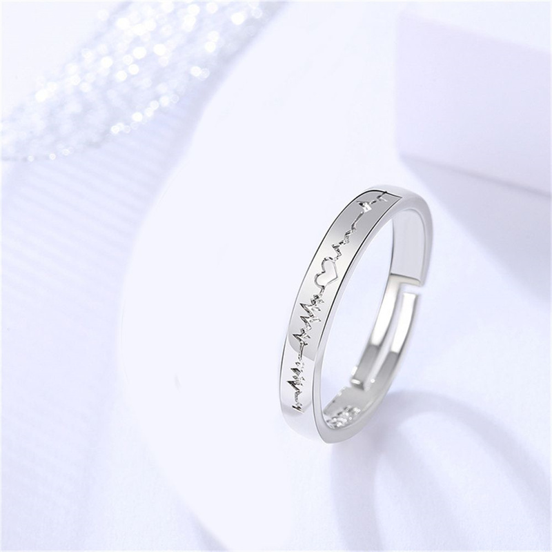 2Pcs/set Romantic Couple Rings For Women Men Punk Heart ECG Black White Forever Love Promise Wedding Ring Valentine'S Day Gift Lovers ring Adjustable opening