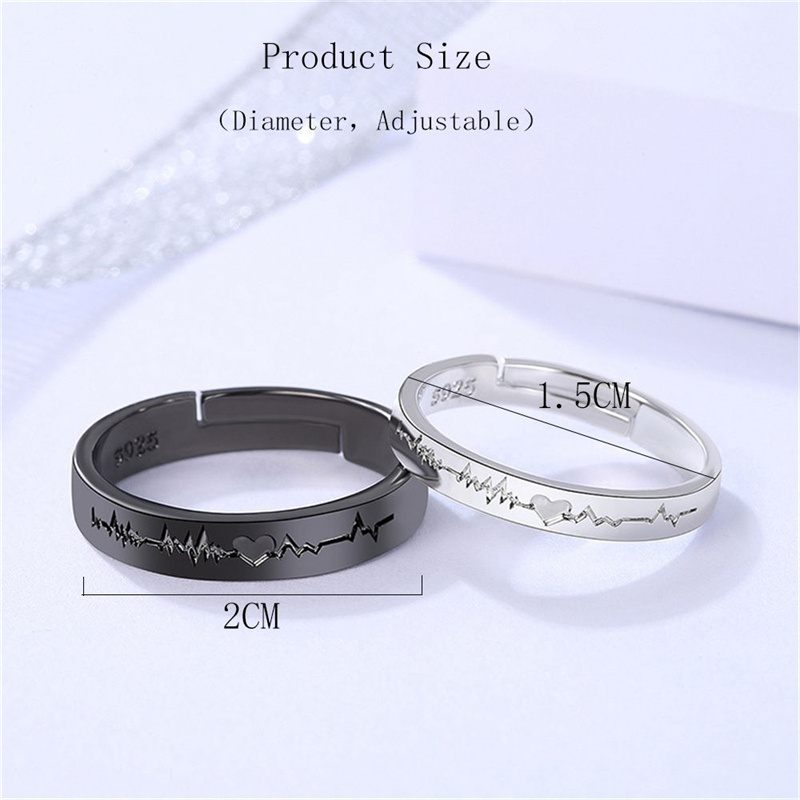 2Pcs/set Romantic Couple Rings For Women Men Punk Heart ECG Black White Forever Love Promise Wedding Ring Valentine'S Day Gift Lovers ring Adjustable opening