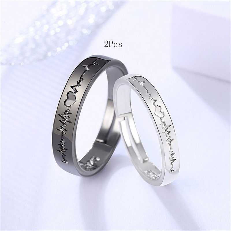 2Pcs/set Romantic Couple Rings For Women Men Punk Heart ECG Black White Forever Love Promise Wedding Ring Valentine'S Day Gift Lovers ring Adjustable opening