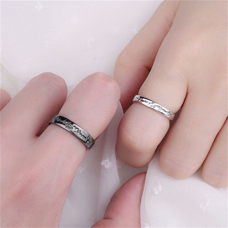 2Pcs/set Romantic Couple Rings For Women Men Punk Heart ECG Black White Forever Love Promise Wedding Ring Valentine'S Day Gift Lovers ring Adjustable opening