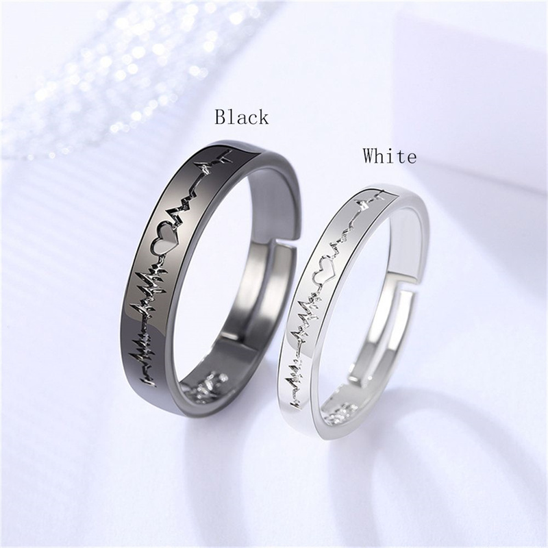 2Pcs/set Romantic Couple Rings For Women Men Punk Heart ECG Black White Forever Love Promise Wedding Ring Valentine'S Day Gift Lovers ring Adjustable opening