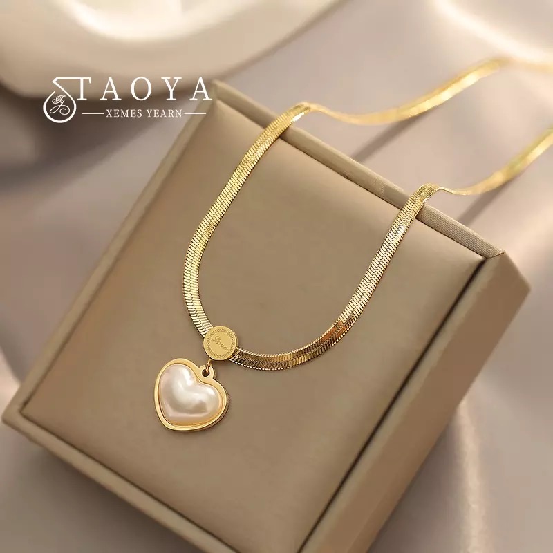 Non Fading Necklace  Pearl Heart Pendant Stainless Steel Gold Color Necklace Party For Womens Luxury Jewelry Accessories  Pearl Charms Chain Choker Necklaces Earrings For Women Gir Gold NecklaceGold,Necklace