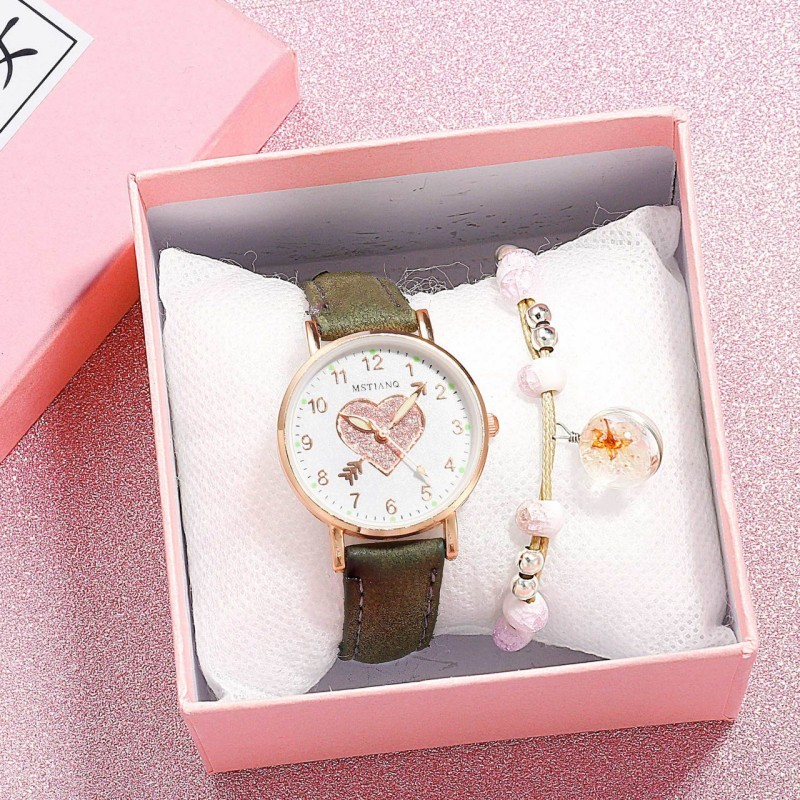 2PCS Set Ladies Watches Hearts Quartz Watch Back Light Watch Diamond Studded Luminous Casual Leather Belt Watches Simple Ladies Exquisite Small Dial Quartz With Box