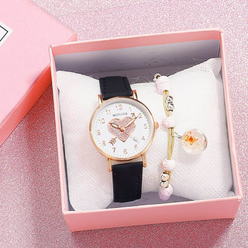 2PCS Set Ladies Watches Hearts Quartz Watch Back Light Watch Diamond Studded Luminous Casual Leather Belt Watches Simple Ladies Exquisite Small Dial Quartz With Box