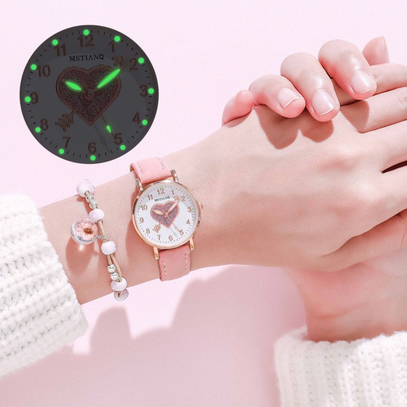 2PCS Set Ladies Watches Hearts Quartz Watch Back Light Watch Diamond Studded Luminous Casual Leather Belt Watches Simple Ladies Exquisite Small Dial Quartz With Box