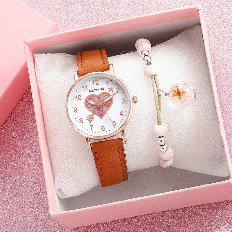 2PCS Set Ladies Watches Hearts Quartz Watch Back Light Watch Diamond Studded Luminous Casual Leather Belt Watches Simple Ladies Exquisite Small Dial Quartz With Box