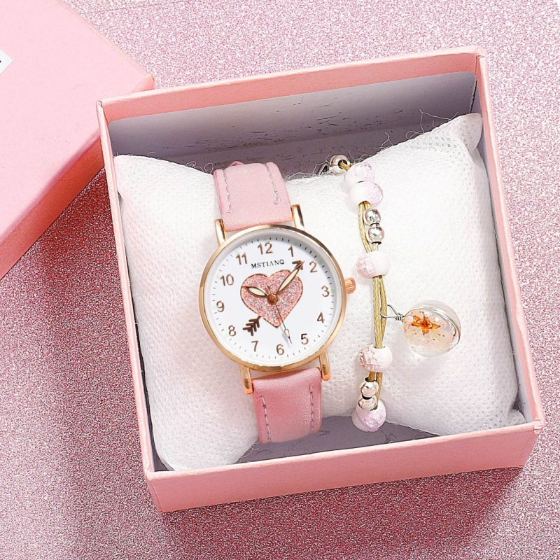 2PCS Set Ladies Watches Hearts Quartz Watch Back Light Watch Diamond Studded Luminous Casual Leather Belt Watches Simple Ladies Exquisite Small Dial Quartz With Box