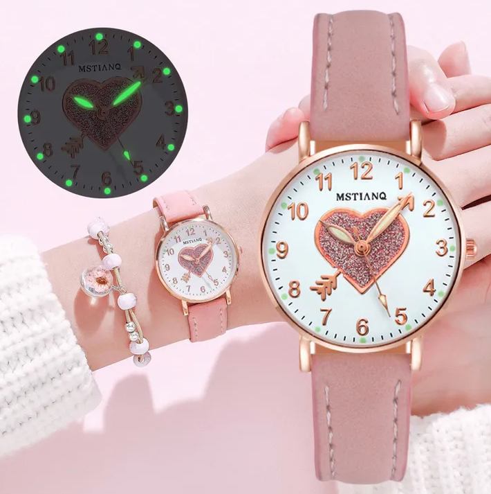 2PCS Set Ladies Watches Hearts Quartz Watch Back Light Watch Diamond Studded Luminous Casual Leather Belt Watches Simple Ladies Exquisite Small Dial Quartz With Box