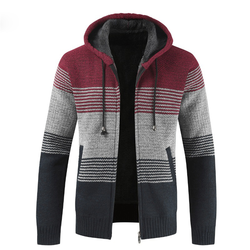 Coat Sweater Men 2023 Warm Hooded Cardigan Men Striped  Wool Liner Zipper Fleece Coats Men