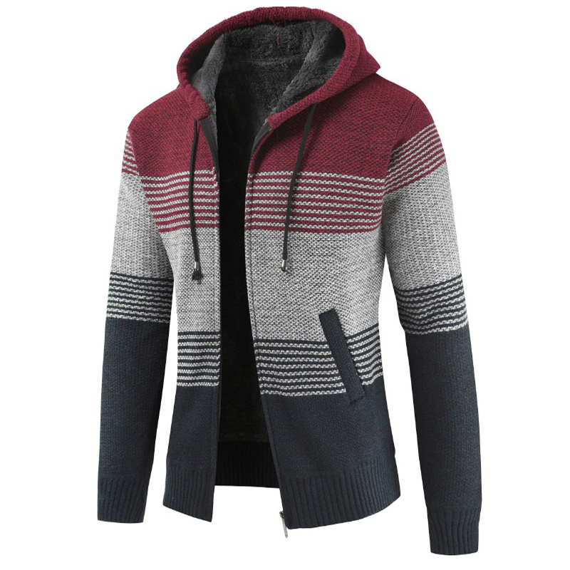 Coat Sweater Men 2023 Warm Hooded Cardigan Men Striped  Wool Liner Zipper Fleece Coats Men