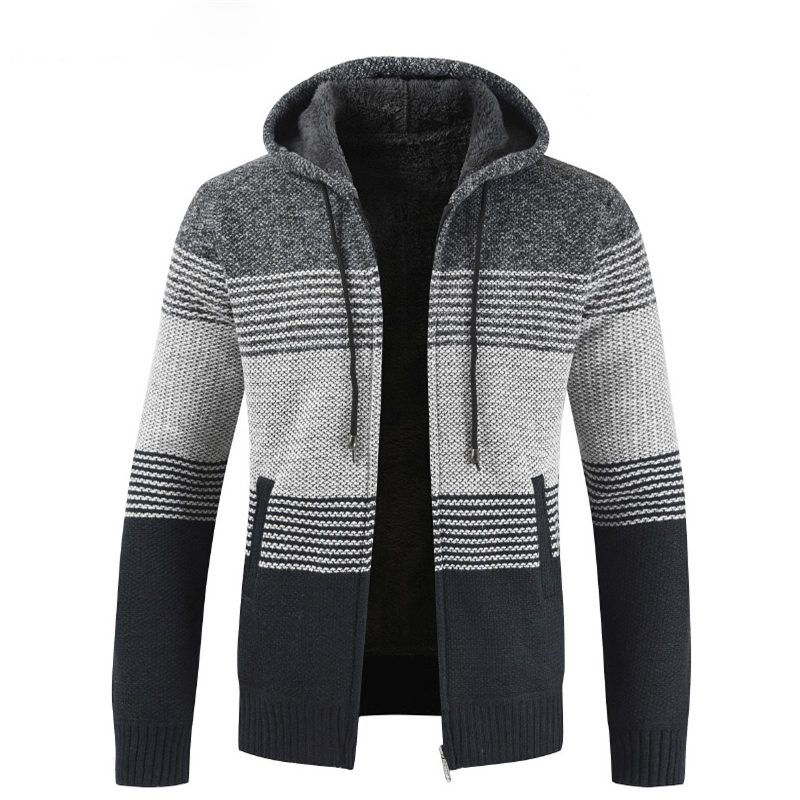 Coat Sweater Men 2023 Warm Hooded Cardigan Men Striped  Wool Liner Zipper Fleece Coats Men