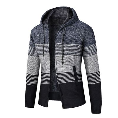 Coat Sweater Men 2023 Warm Hooded Cardigan Men Striped  Wool Liner Zipper Fleece Coats Men