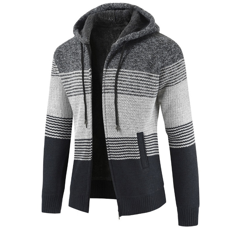Coat Sweater Men 2023 Warm Hooded Cardigan Men Striped  Wool Liner Zipper Fleece Coats Men
