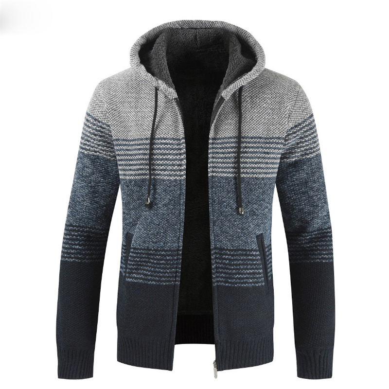 Coat Sweater Men 2023 Warm Hooded Cardigan Men Striped  Wool Liner Zipper Fleece Coats Men