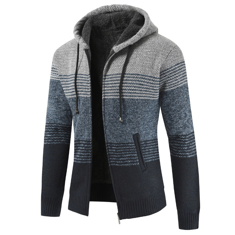 Coat Sweater Men 2023 Warm Hooded Cardigan Men Striped  Wool Liner Zipper Fleece Coats Men