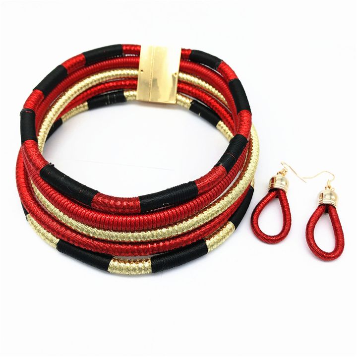 Necklace Earrings Multi-layer Woven Jewelry Choker Necklace Wedding Beads Jewelry Set for Women