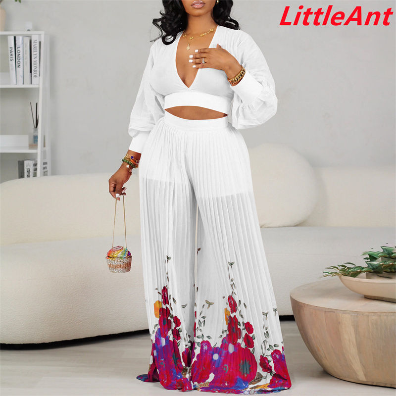 Two piece suit pants top V-neck chiffon lantern sleeve top pleated wide leg pants two piece suit dress dresses women's fashion