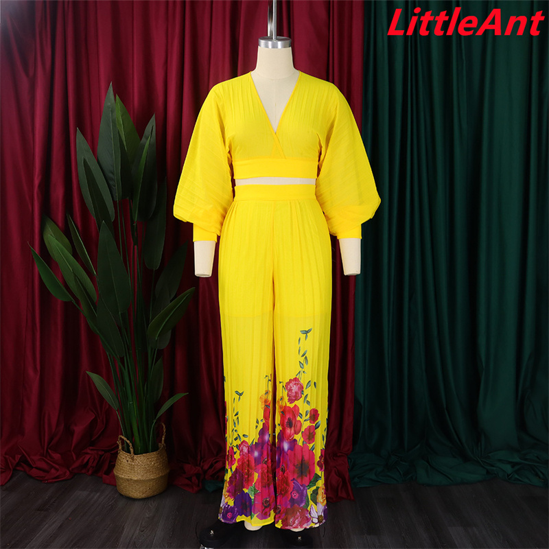 Two piece suit pants top V-neck chiffon lantern sleeve top pleated wide leg pants two piece suit dress dresses women's fashion