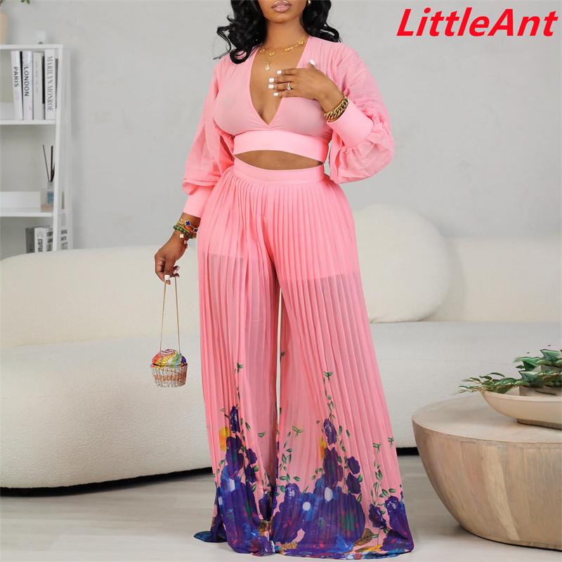 Two piece suit pants top V-neck chiffon lantern sleeve top pleated wide leg pants two piece suit dress dresses women's fashion